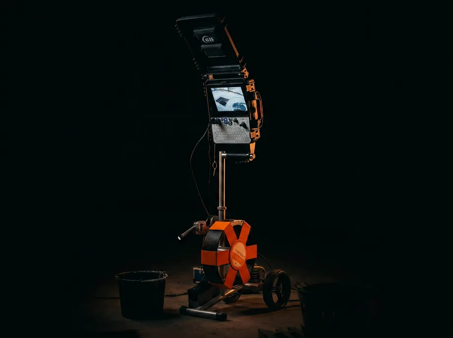 Kanalkamera mit Monitor auf der orangen Kabeltrommel